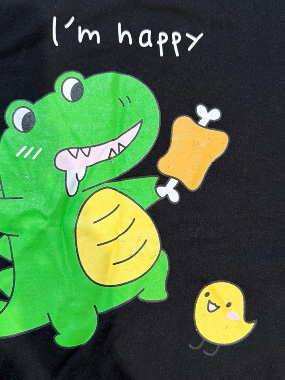 SHEIN Black Long Sleeve Tee with Green Cartoon Crocodile and Yellow Accents